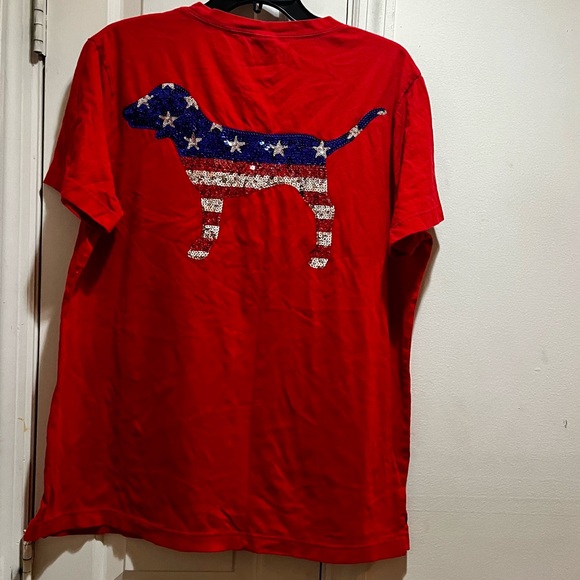 PINK Victoria's Secret T-shirt with Sequins Patriotic Dog Design - Picture 1 of 9